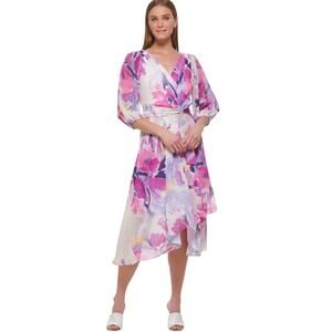 DKNY  Floral Print Balloon Sleeve Tie Waist V Neck Dress Size 12 White & Purple